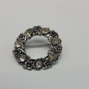 Source Unknown Silver and Crystal Floral Brooch